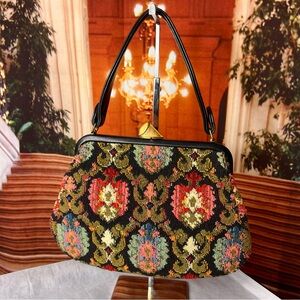 JR USA Vintage 50s Tapestry Hand Bag in Black and Multicolor Carpet Bag